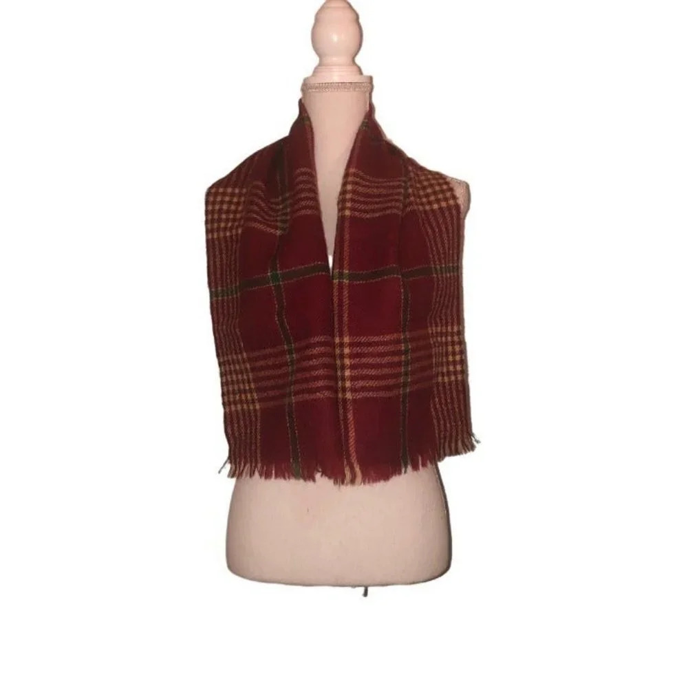 Vintage CISCO Unisex 100% Wool Burgundy, Beige & Green Plaid Scarf 12" x 48.5"